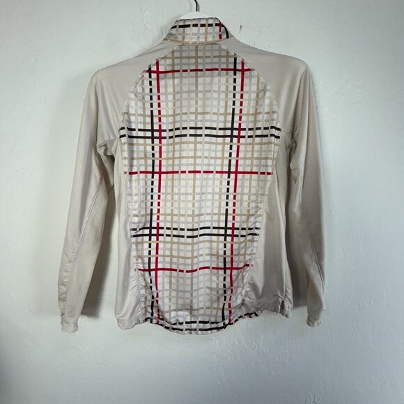 SanSoleil Beige Red Plaid Long Sleeve Mock Neck Golf Shirt Small UPF 50 Stretch - Picture 2 of 7